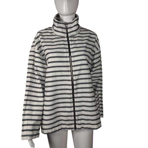 Liz Claiborne Size M Mockneck Zip Up Horizontal Striped Navy Blue White Pockets - Picture 1 of 9